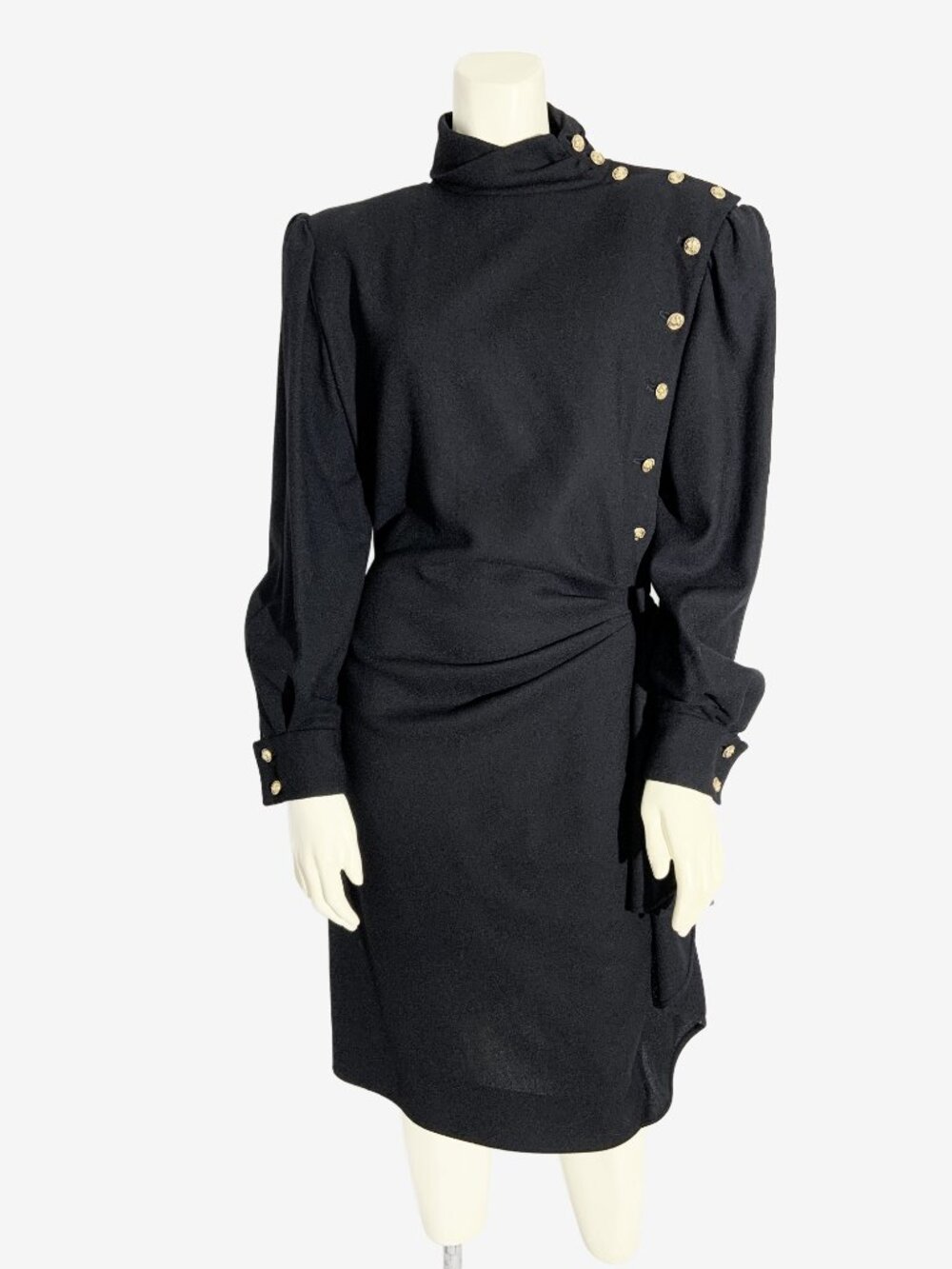 Vintage Emanuelle Ungaro Parallel Paris Black Wool Crepe Dress / size 12 / M-L